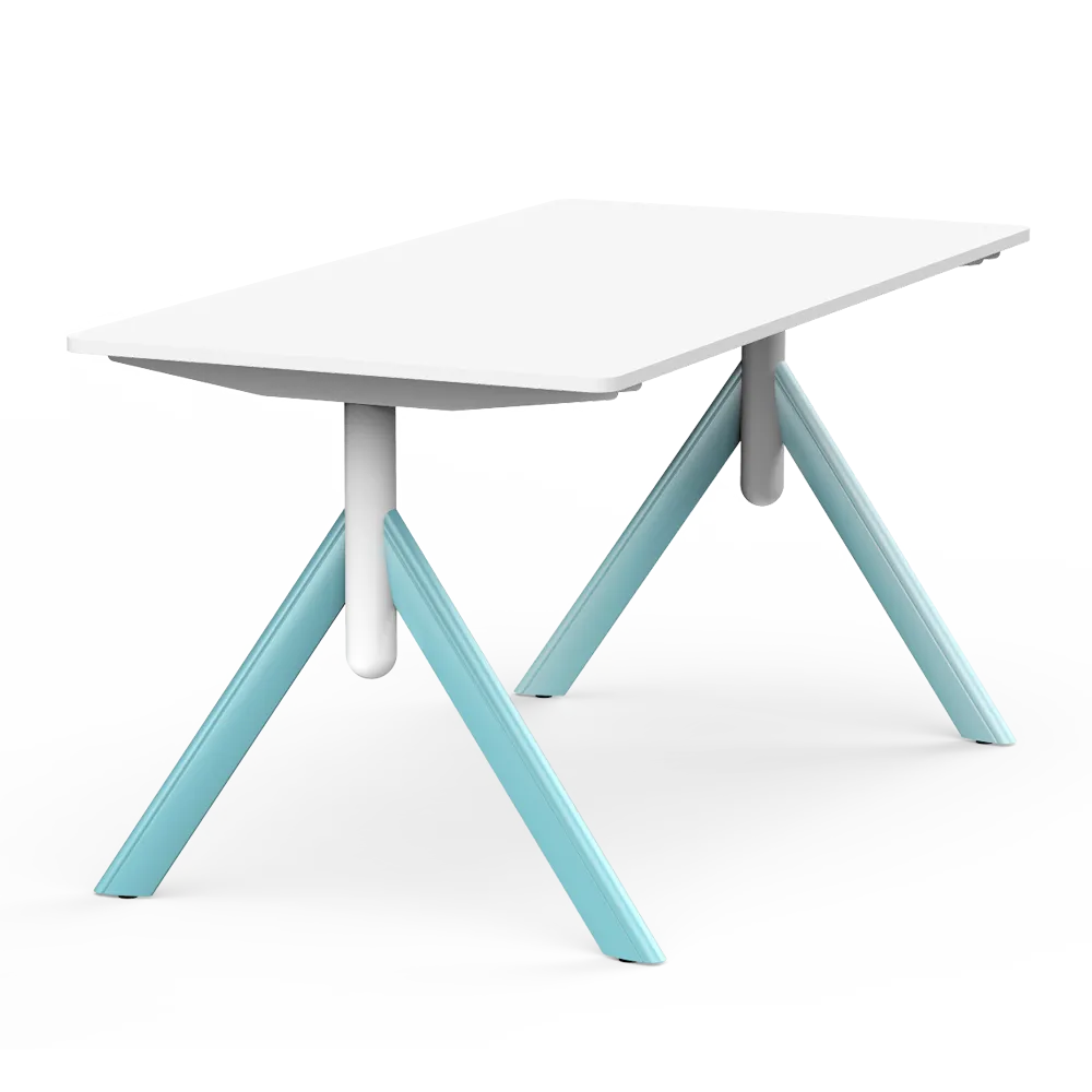 Flujo TriFlex Desk with light blue legs and white center support