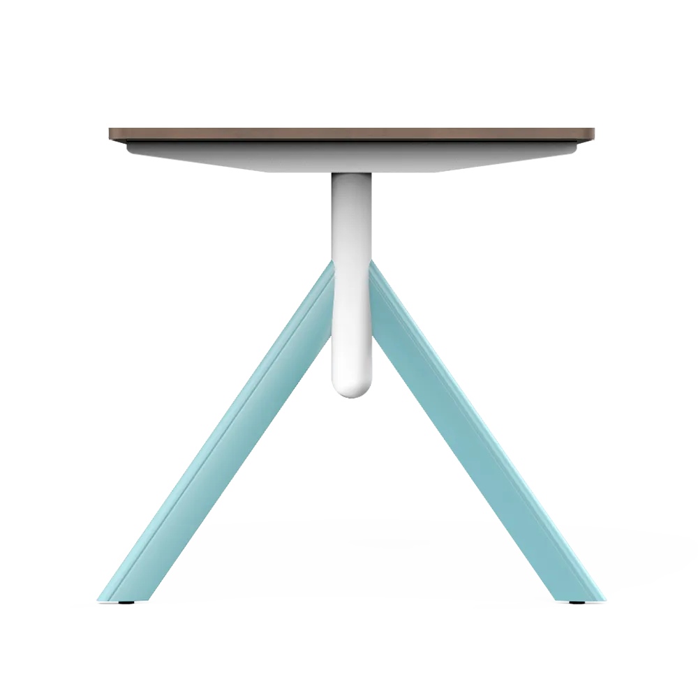 Side view of Flujo TriFlex Desk with light blue legs and wooden top