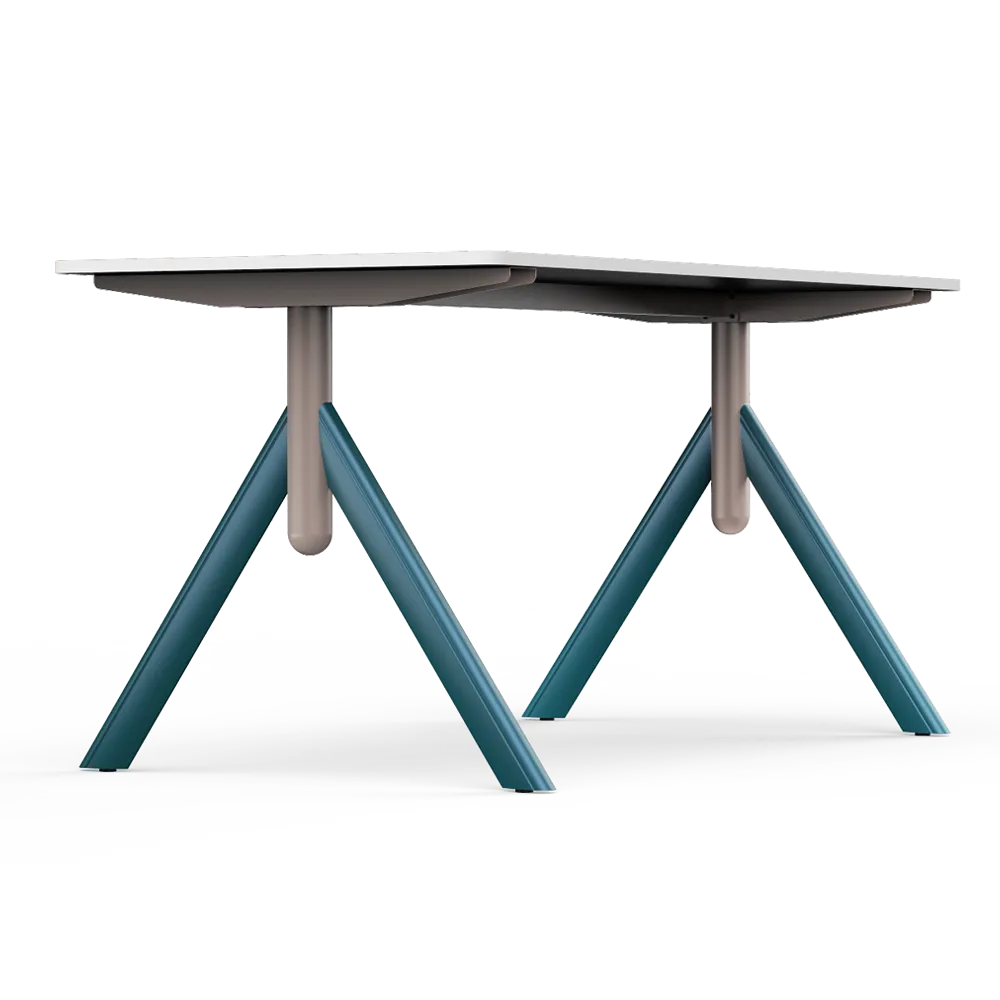 Front view of Flujo TriFlex Desk with angled blue legs