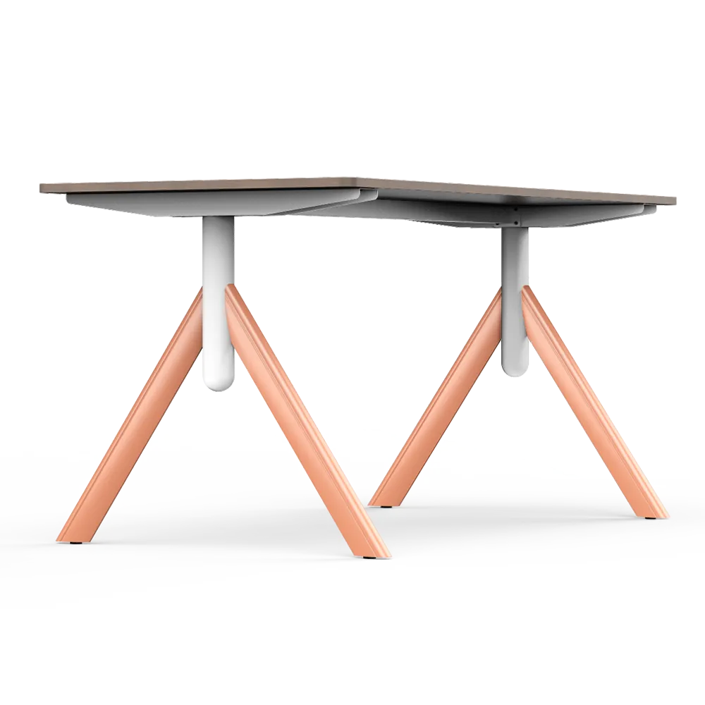 Front view of Flujo TriFlex Desk with orange legs and white center support