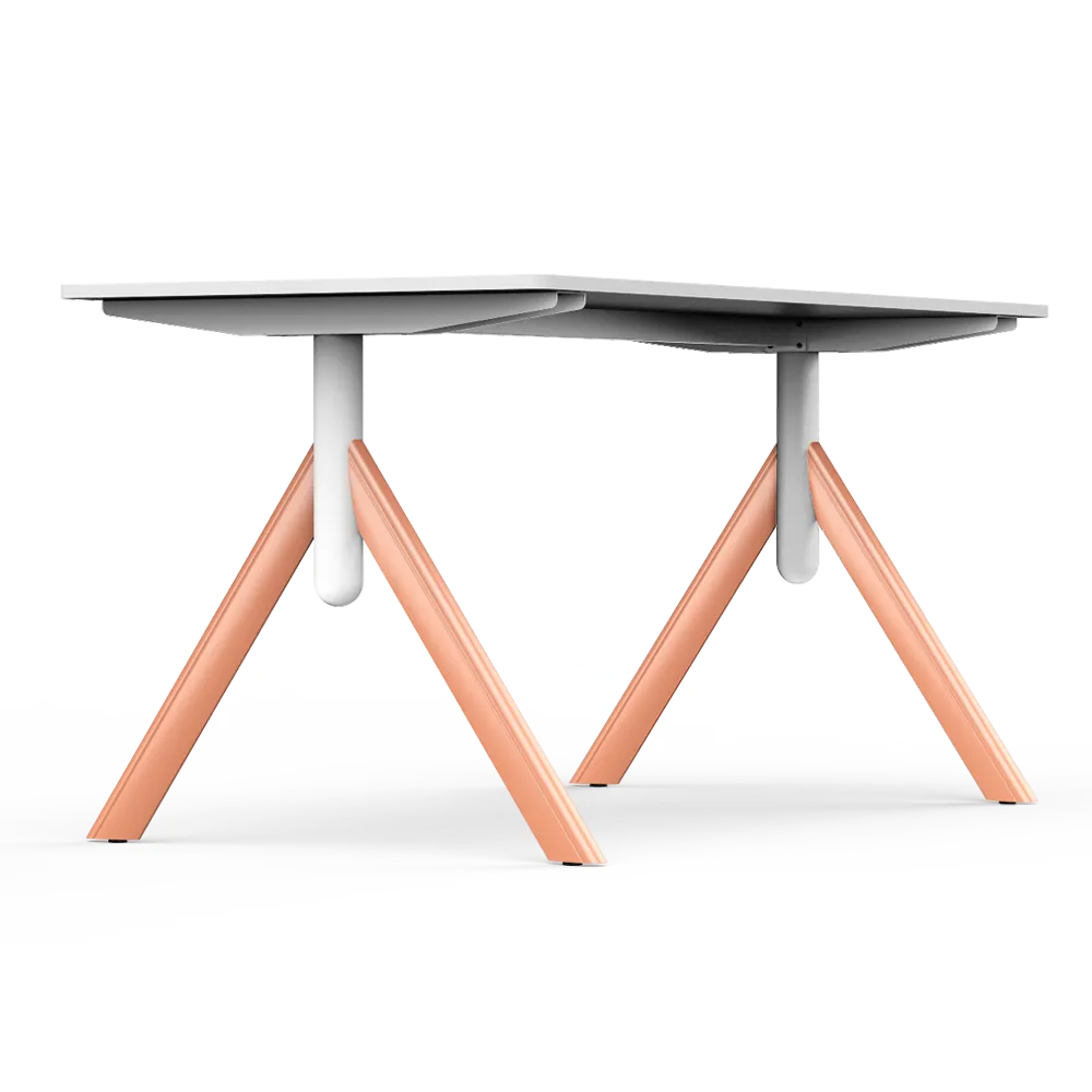 Front view of Flujo TriFlex Desk with orange legs and white center support