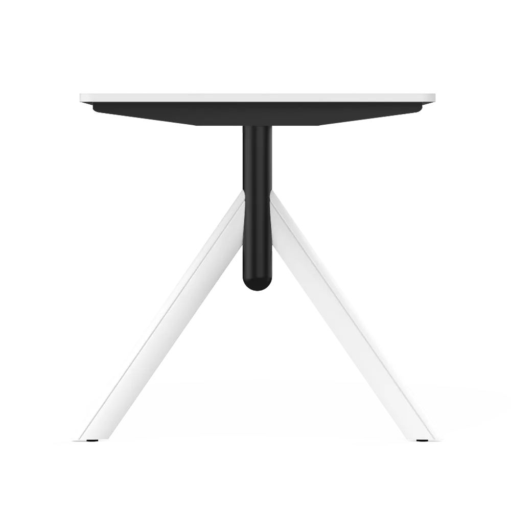 Side view of Flujo TriFlex Desk with white legs and black center support