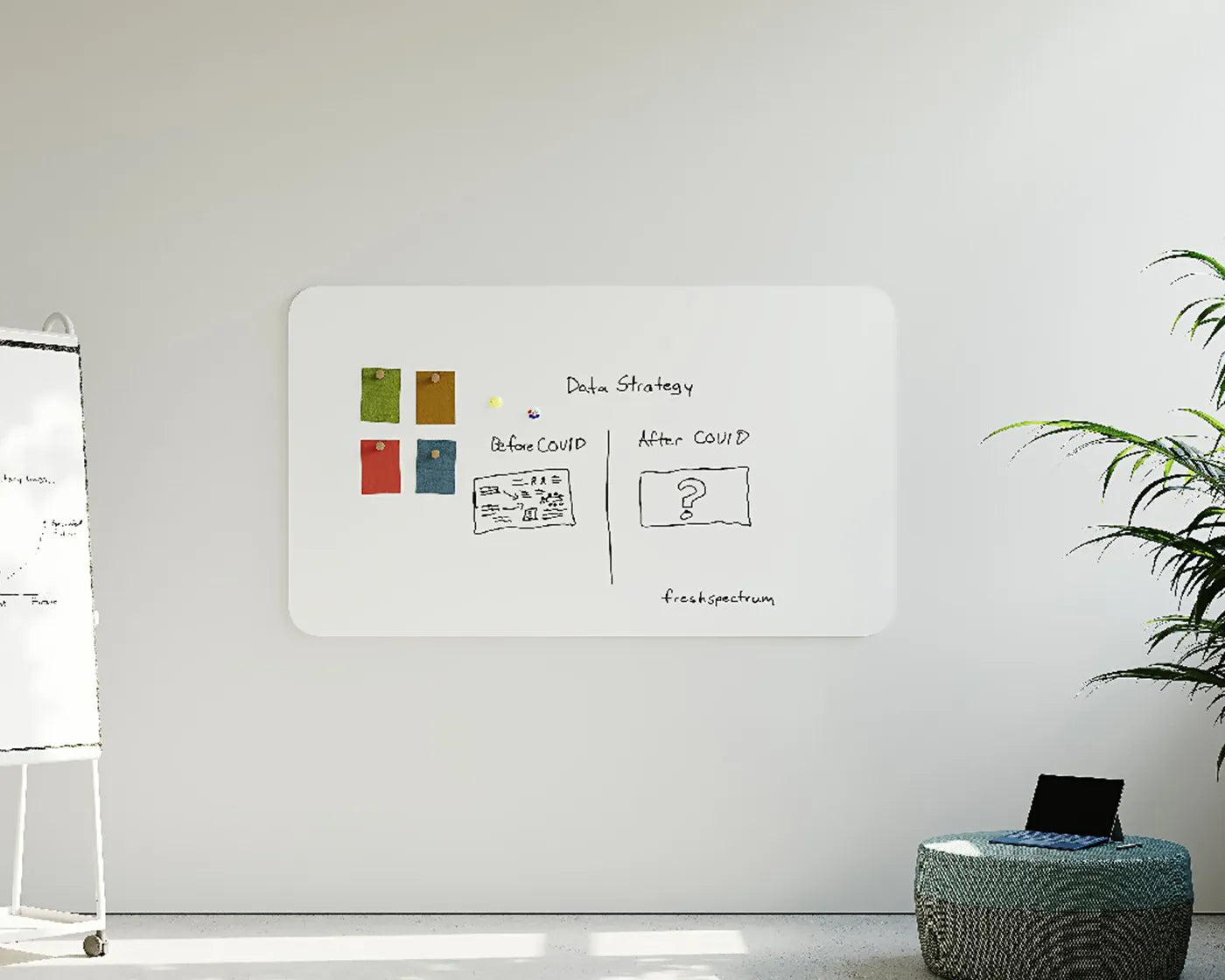 Flujo WriteDeck wall-mounted collaborative whiteboard with magnetic attachments and clean modern style