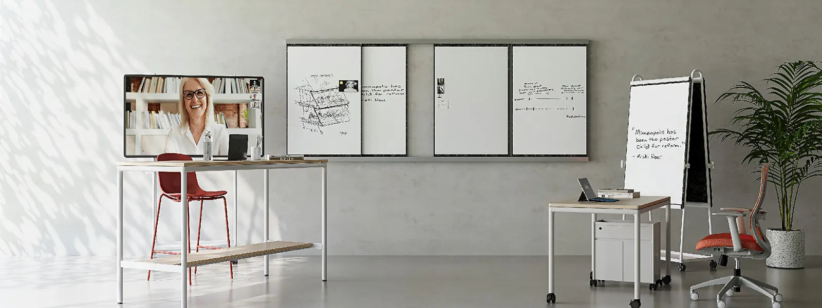 Flujo WriteDeck integrated into a video conference workspace with sliding panels and writing features.