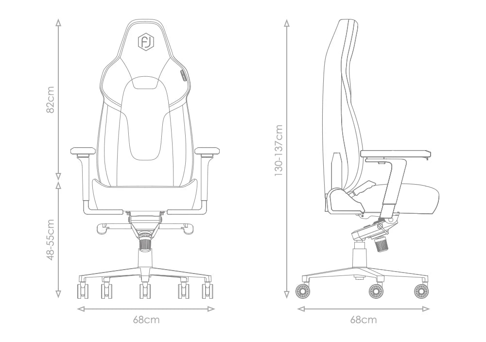 Technical drawing of white ergonomic chair with dimensions, front and side views.