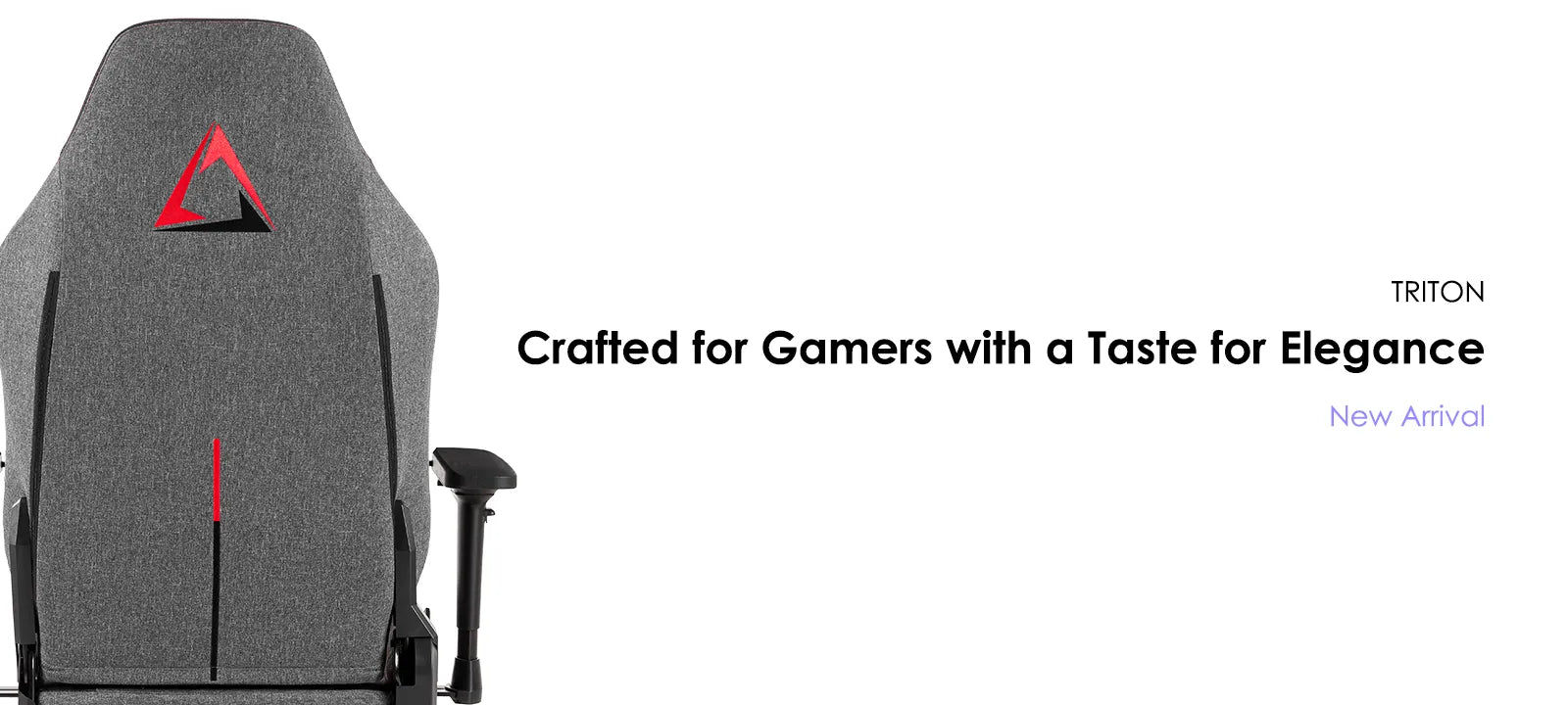 Elegant gaming chair with a minimalist grey design and a red triangle logo, marketed as 'Crafted for Gamers with a Taste for Elegance - New Arrival' by TRITON.