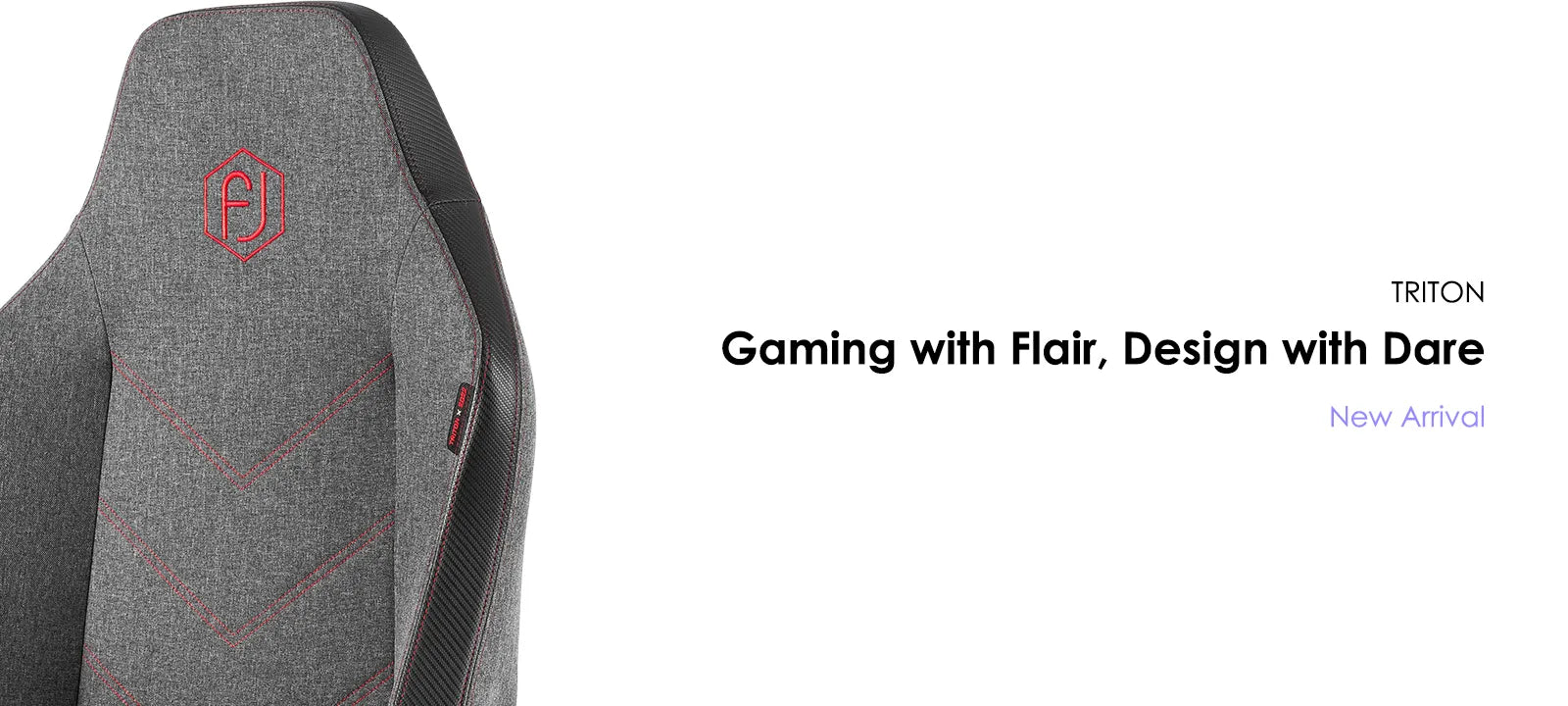 Modern grey gaming chair with embroidered logo and red stitching accents labeled as 'Gaming with Flair, Design with Dare - New Arrival' by TRITON.