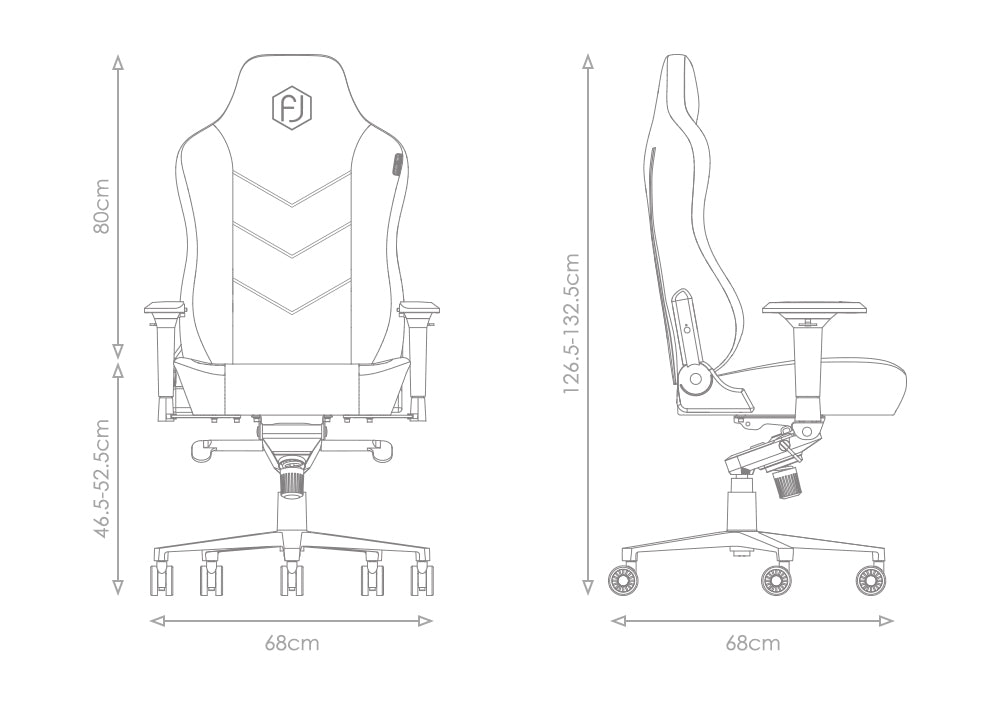 Technical schematic of Heather grey gaming chair showing dimensions from front and side perspectives.
