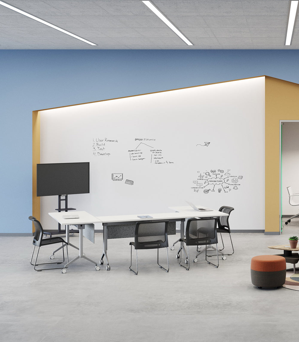 Foldable training table for space saving storage in office and training rooms