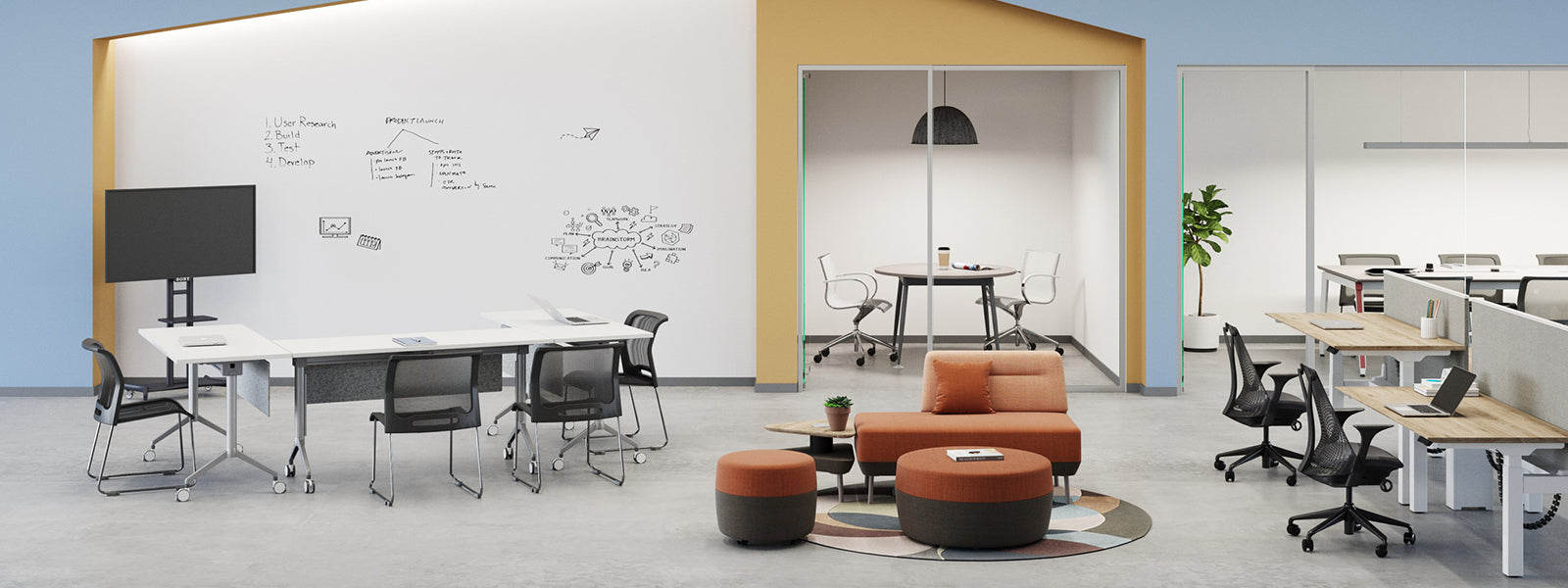 Foldable training table for space saving storage in office and training rooms