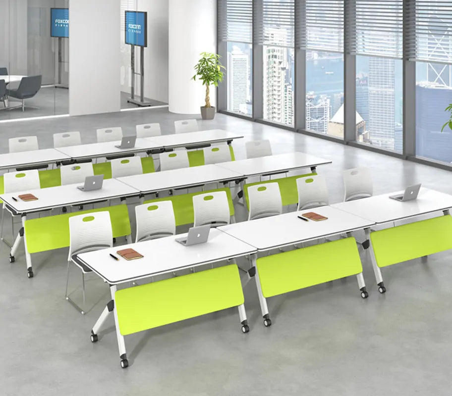 Mobile collaborative training tables with modesty panels used in a modern classroom