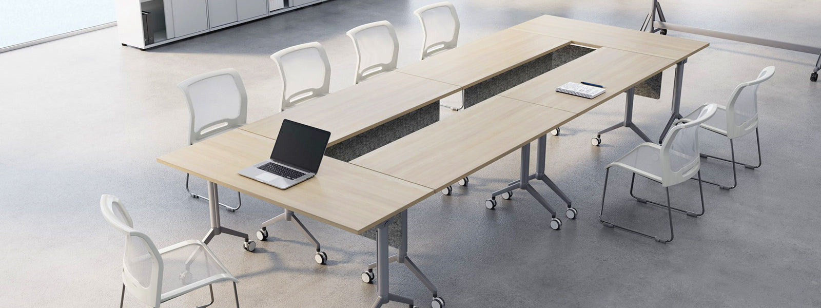 Office training table arranged for meeting and collaborative workspace setup