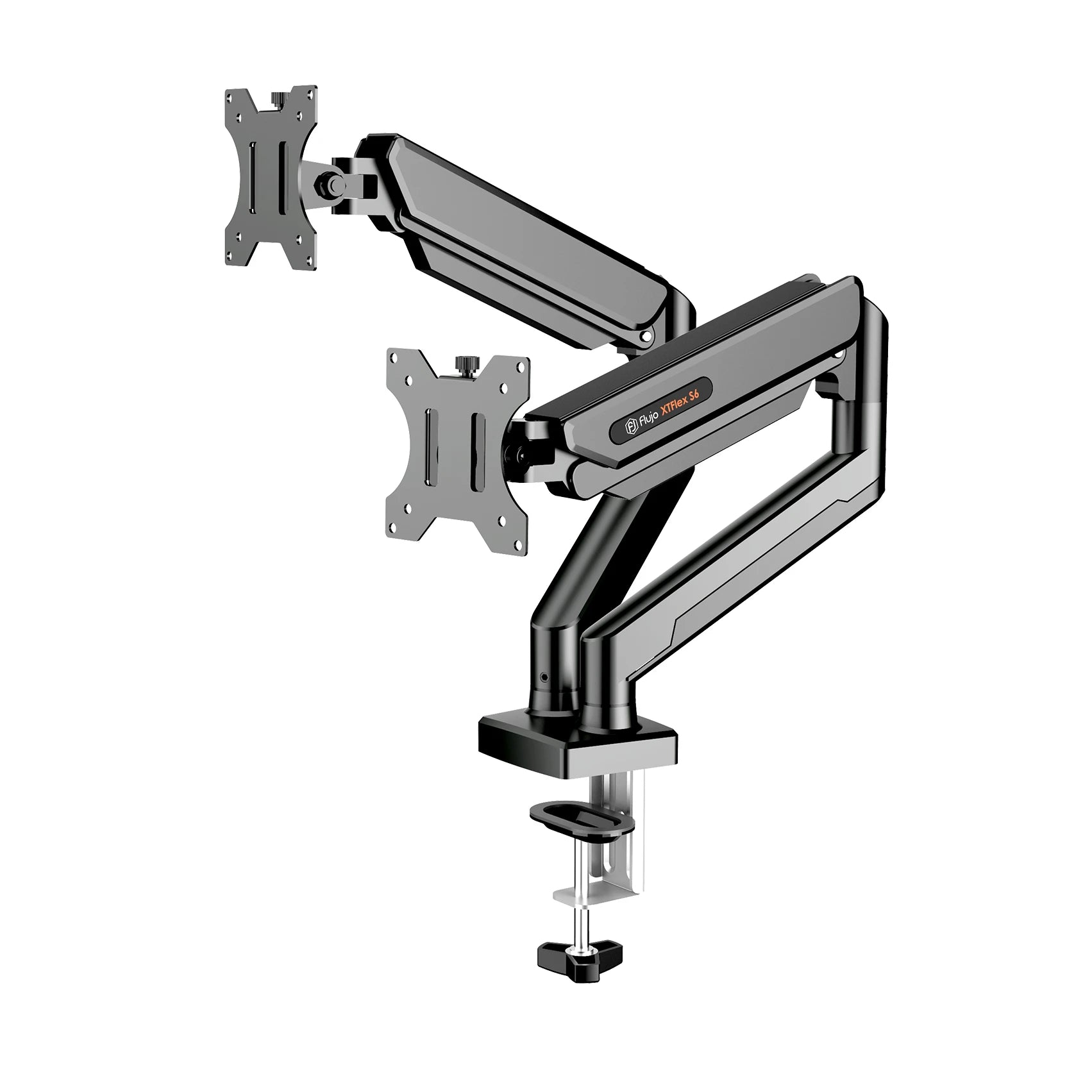 XTFlex S6 Dual Monitor Arm in black, showcasing its robust design with dual arms for maximum screen setup flexibility and workspace ergonomics.