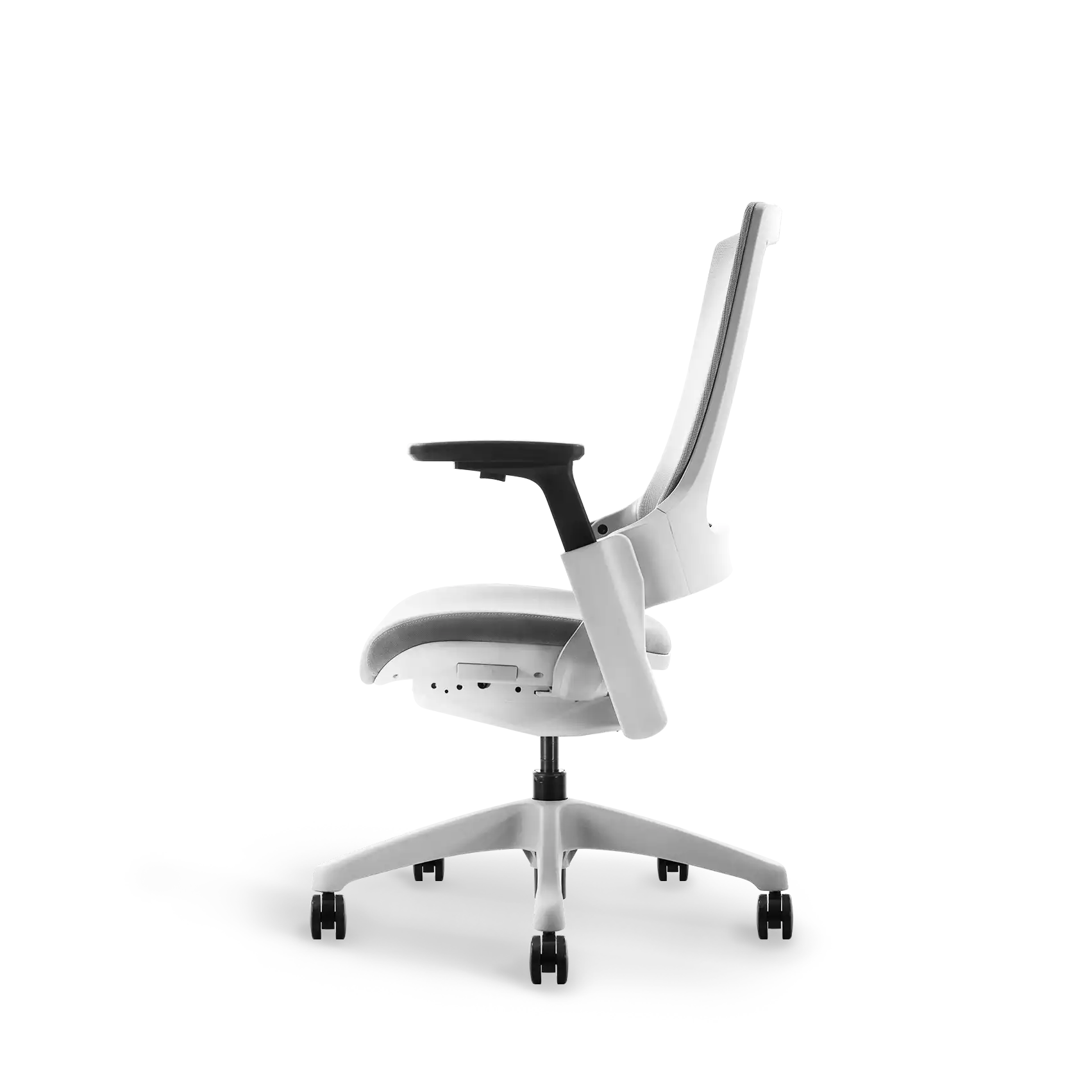 Side perspective of Flujo Angulo grey office chair showing tilt mechanism