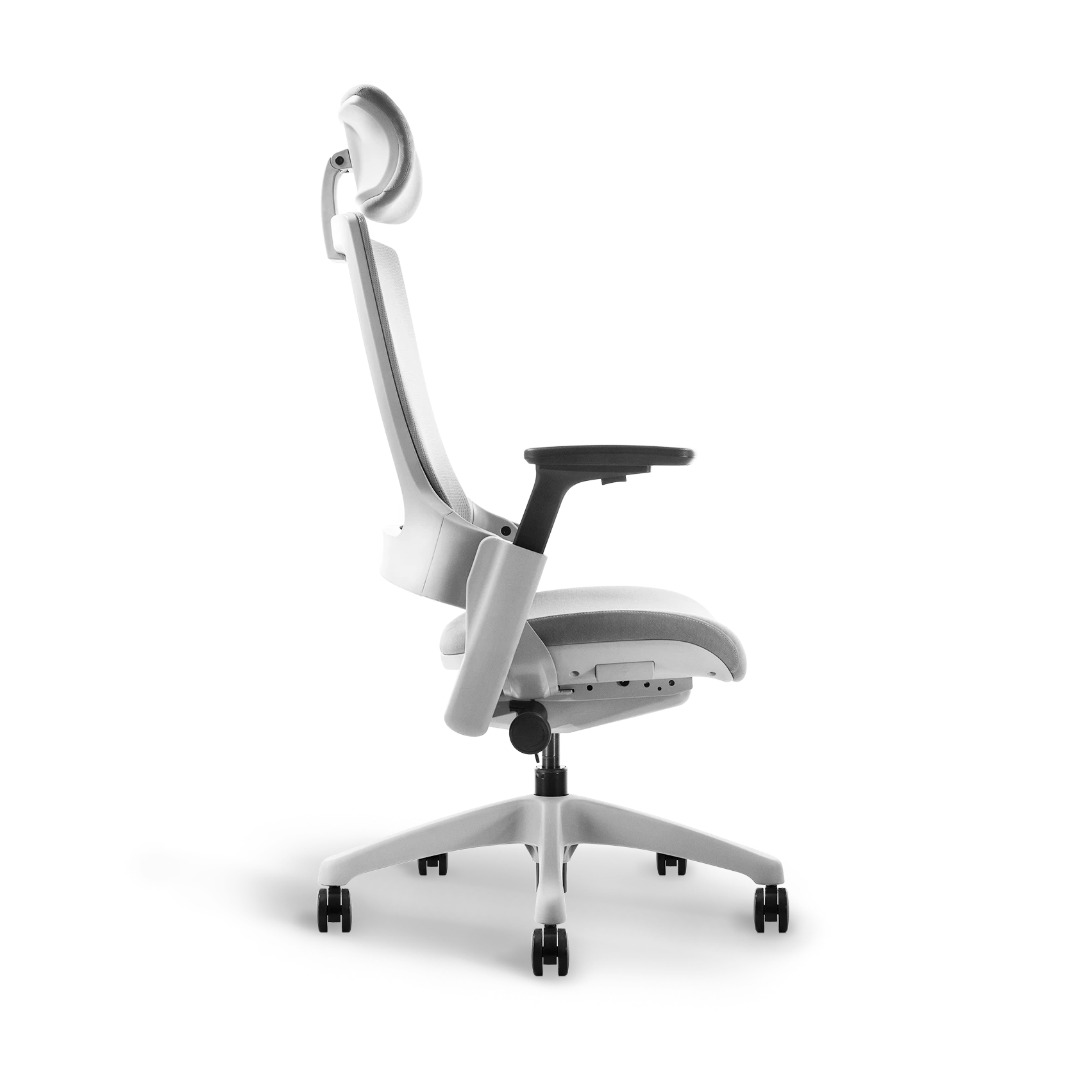 Side view of Flujo Angulo ergonomic office chair with headrest in grey