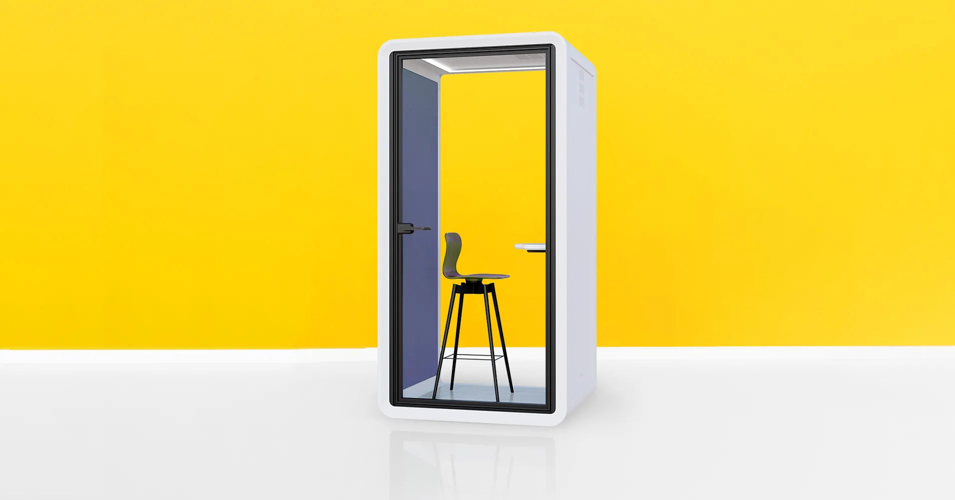 Flujo UniPod Office Phone Booth with Yellow Background, Highlighting Privacy and Focus in a Modern Workspace in Singapore