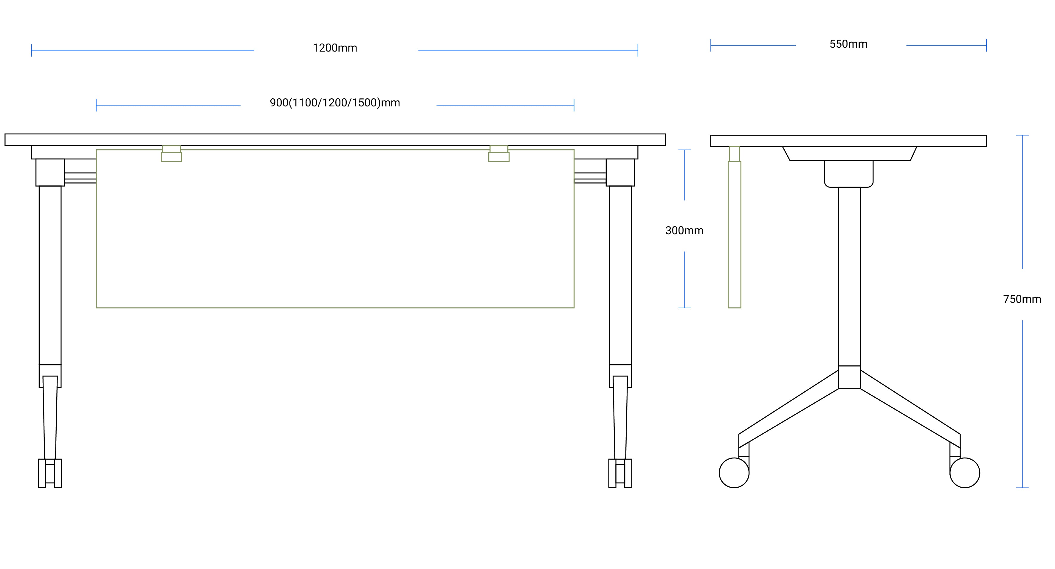 Training table frame dimensions and structure details for office and classroom setup