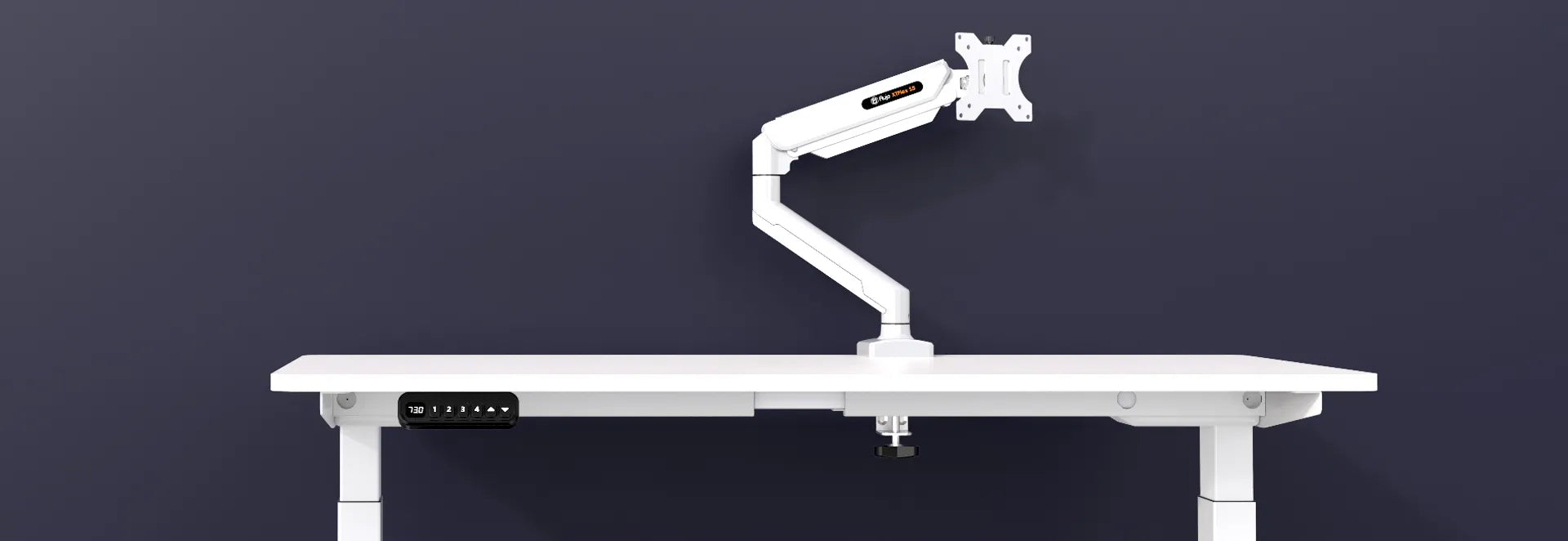 Flujo white monitor arm attached to a minimalist desk with digital height display