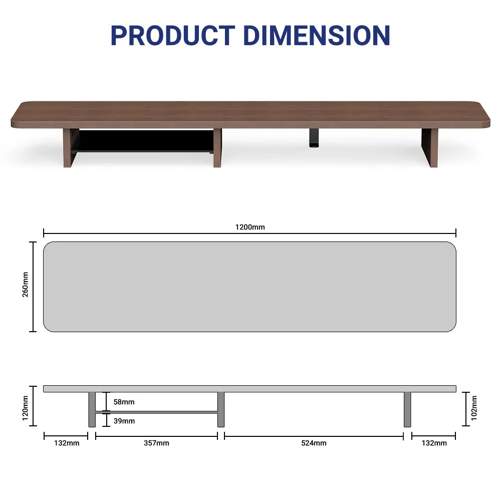 Wooden monitor riser dimensions guide, showing the length and height for a well-suited desk setup in Singapore.