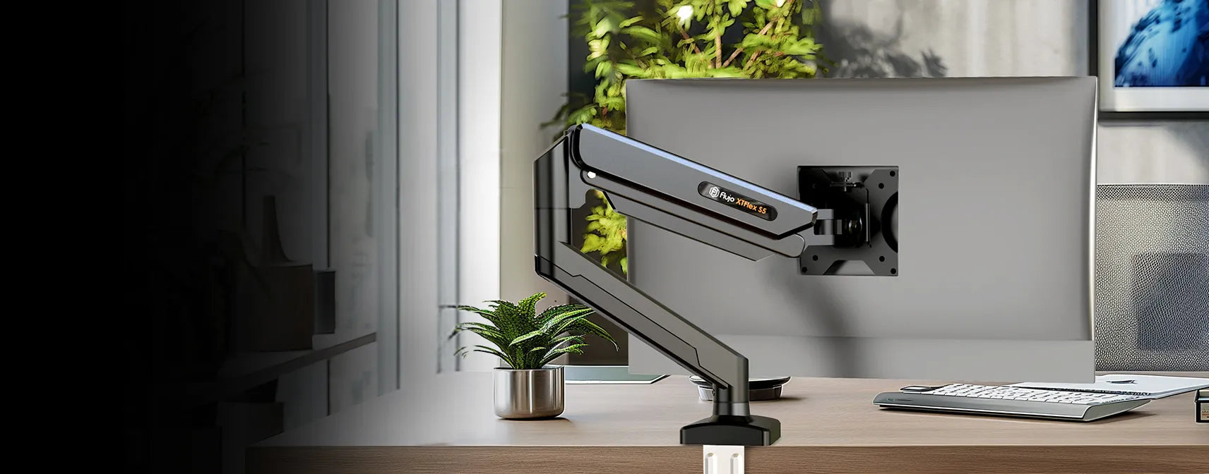 XTFlex S5 Single Monitor Arm mounted on a standing desk for ergonomic workspace in Singapore