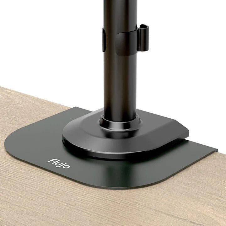 Desk mount base with a Flujo logo, showcasing a sleek black reimforcement plate  for monitor arm setup